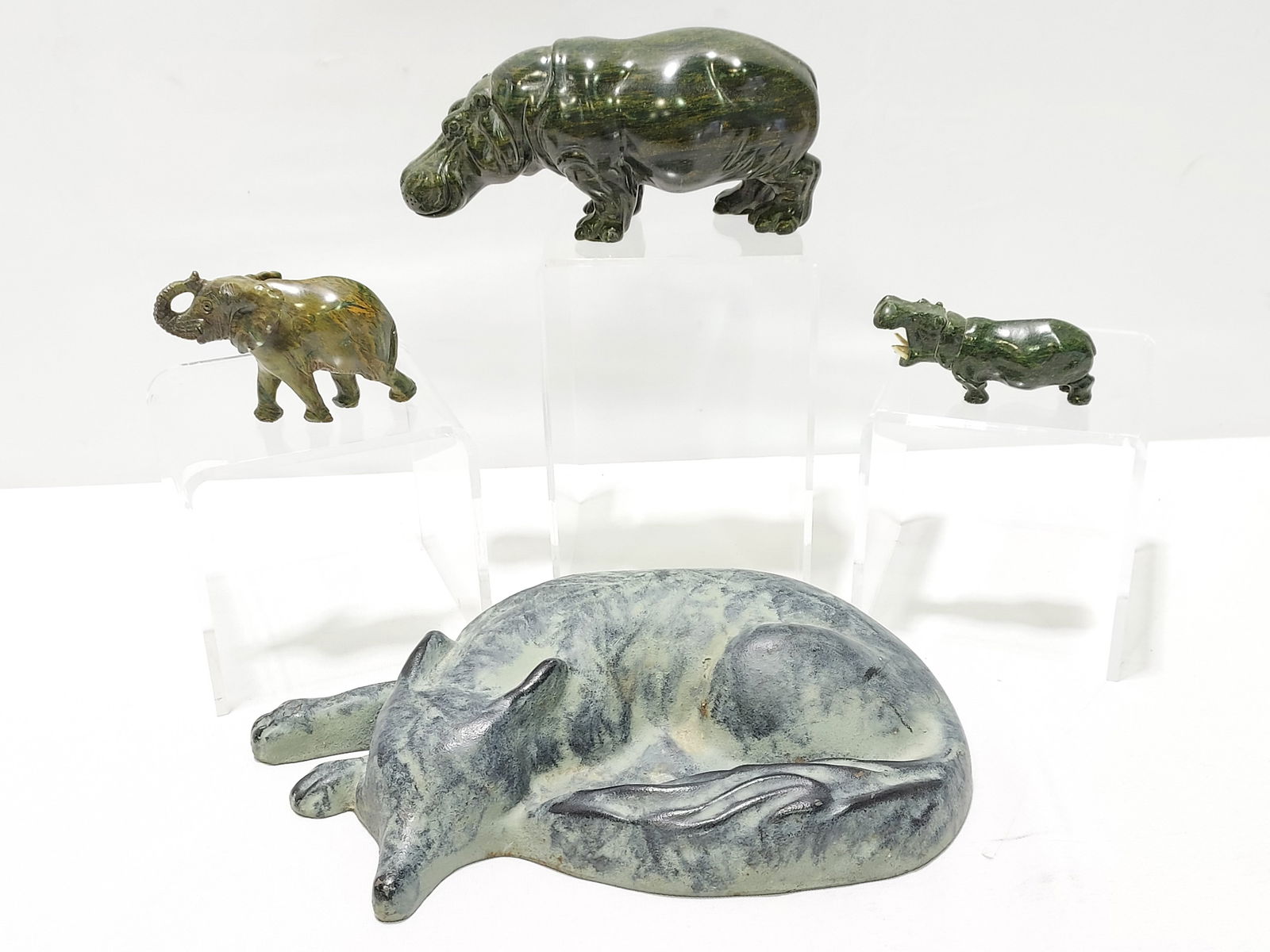 FOUR ANIMAL FIGURES: CARVED VERDITE, CAST IRON FOX (1 of 17)