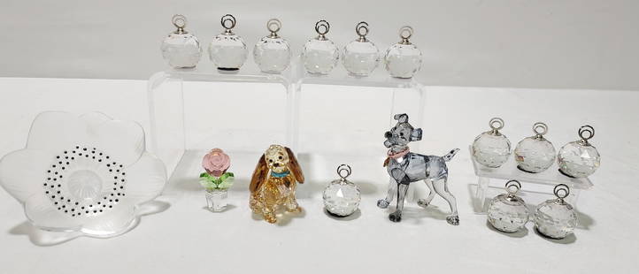 SWAROVSKI & LALIQUE CRYSTAL: LADY, TRAMP, ETC. 16P: Lot of Swarovski & Lalique crystal. Includes Swarovski Lady and the Tramp (2pc), a small Swarovski potted rose (small flake to base), (12) Swarovski placecard holders, and a Lalique anemone flower pap