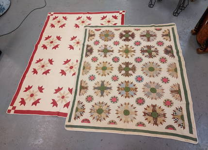 TWO EARLY 20TH C ANTIQUE QUILTS: SUNBURST & FLOWER: Lot of two early 20th century antique quilts, both hand made and hand stitched. Includes a 94" x 72" quilt with a red, cream, and tan colorway depicting flowers, and a 88" x 72" quilt in brown, green,