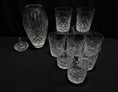 EIGHT WATERFORD "LISMORE" CRYSTAL TUMBLERS ETC 10P: Waterford "Lismore" pattern set of eight double old fashioned whiskey glasses (4-3/8" tall). A 9" tall Lismore vase, and a small ring dish. All pieces are signed on base. Condition: good, no chips or