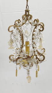 PETIT MURANO GOLD TONE & GLASS CHANDELIER: Petit Murano gold tone and glass chandelier measuring 13" tall not including the chain, x 11" wide. Hangs down 11" from the ceiling with the current chain length. Condition: currently working, shows l