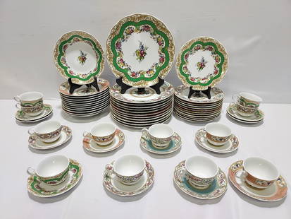 ANDREA BY SADEK SEVRES COLLECTION SERVICE FOR 12: Andrea by Sadek "Collection Sevres" porcelain dinnerware service for twelve. Includes 12 of each: 10.5" plates, 8.25" plates, 8.5" soup bowls, 6" saucers, and 2.25" tall cups. Condition: good with no