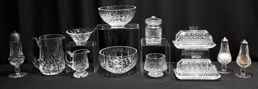 WATERFORD CRYSTAL SERVE WARE ACCESSORIES 12 PCS: Group of assorted Waterford crystal serving wares. Condition: All good condition without chips, cracks or repairs. Each signed with etched Waterford mark unless noted otherwise. Lot consists of 13 pie