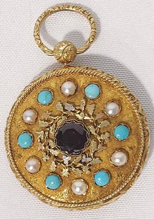 18K GOLD, PEARL, TURQUOISE & AMETHYST LOCKET PENDA: 18k tricolor gold pendant locket with pearl and turquoise cabochons surrounding a central cut amethyst. Front opens to reveal photo behind glass inside. Backside is personally engraved "Elizabeth Wils