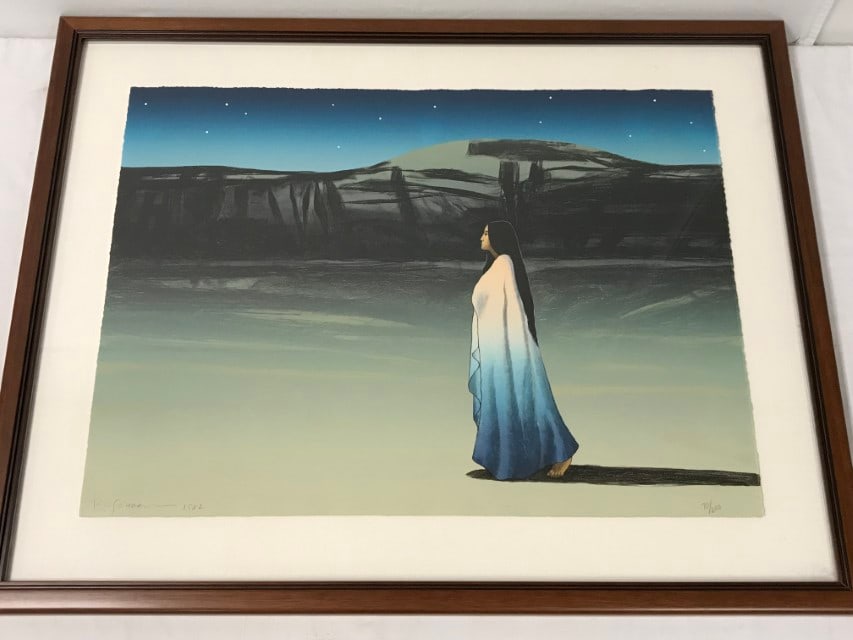 RUDOLPH CARL GORMAN (US, 1932–2005), COLOR LITHO: Paper and image: 22" x 30.25", "Chimayo Night:", dated 1982, 70/200, pencil signed, floated on linen in a custom frame with an acrylic facing 30.5" x 38.5". Condition: good as viewed in the unopened f