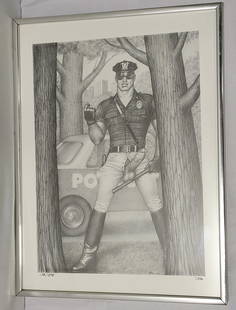 TOM OF FINLAND HAND SIGNED LITHOGRAPH: Tom of Finland (Touko Valio Laaksonen) hand signed and numbered framed lithograph. Signed in ink "Tom" lower right, and numbered "178/275" lower left. Title "Doing Hard Time". Chrome finish metal fram