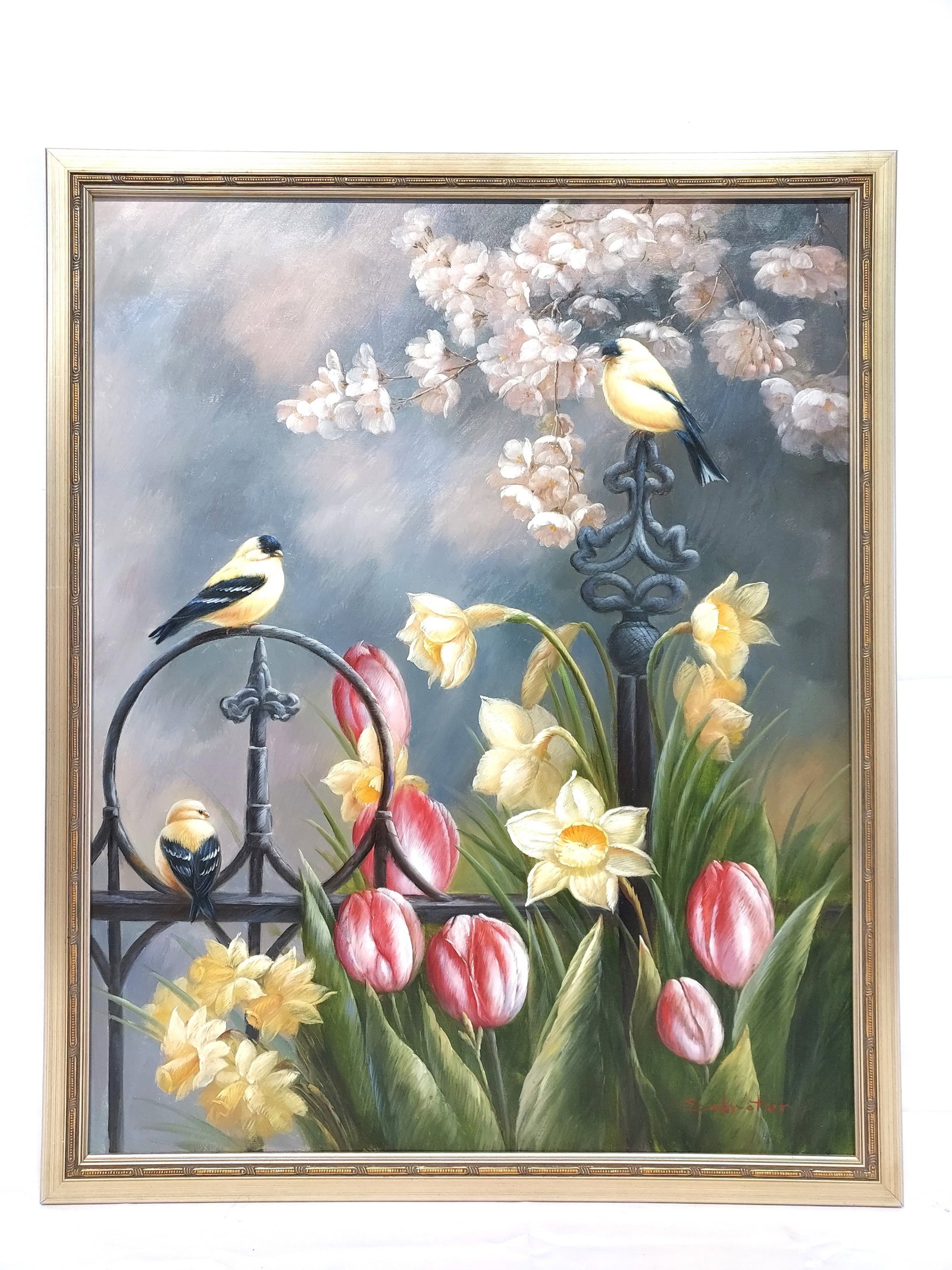 CONTEMPORARY OIL ON CANVAS PAINTING, SCHROTER: Contemporary oil on canvas painting by Schroter, depicting three finches on a cast iron gate. Signed lower right. Measures (frame) 32.5" tall x 26.25" wide. Condition: good, frame may show minor signs