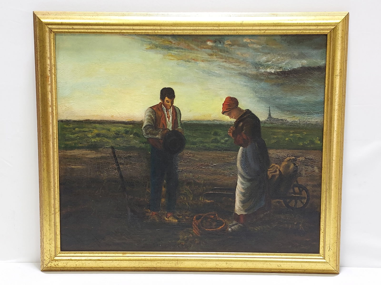 FRANK CORBYN PRICE (1862-1934) OIL ON CANVAS PAINT: Frank Corbyn Price (British, 1862-1934) oil on canvas painting of "The Angelus" after Jean Francois Millet. Subject: man and woman in a field praying for their crops. Measures (frame) 23.5" tall x 27.