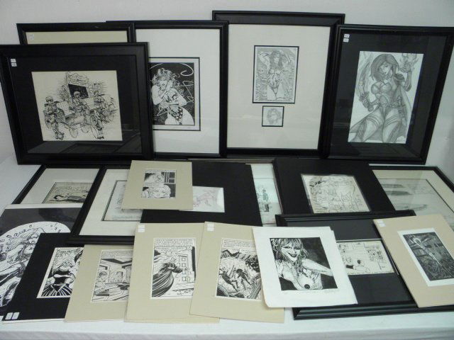 MID CENTURY CARTOONS, COMICS, DRAWINGS. 28 PCS: Collection of assorted original cartoons, drawings, comics, and sketches. Includes twenty-eight total pieces. Most framed, others are held in cardboard mats. Includes original Chalk Zone television se