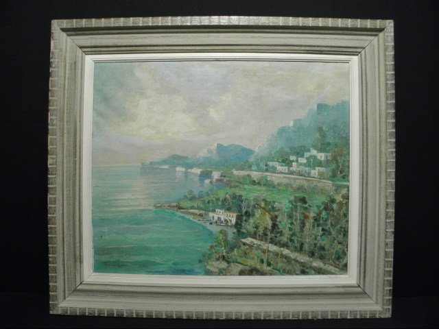 FRANCO RUOCCO (ITALIAN 20TH C) OIL ON CANVAS PAINTI: Franco Ruocco (Italian 20th century), oil on canvas painting depicting an Italian harbor. Signed lower left. Framed in whitewashed distressed finish wood with subtle red highlights. Condition: frame a