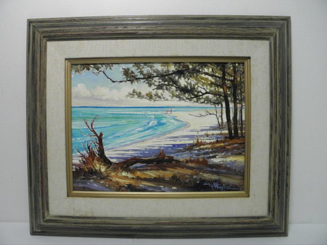 RICHARD WAGNER OIL ON MASONITE PAINTING: "WIGGINS : Richard Wagner oil on masonite painting. Framed in a distressed finish wood frame, signed "R. Wagner" lower right. Titled and signed again on reverse "Wiggins Pass Beach, oil, Richard Wagner". Conditi