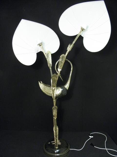 CONTEMPORARY GILT BRASS FIGURAL FLOOR LAMP: Contemporary gilt brass figural floor lamp. Modern design depicts a gilt brass and faux marble Egret mounted to a brass and mottled lucite base along with a brass stem supporting two large spade shape
