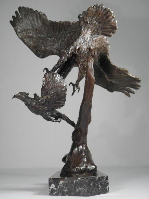BRONZE & MARBLE SCULPTURE: "SOUTHERN BALD EAGLE": Bronze sculpture depicting two birds in flight, one about to prey on the other. Mounted to a marble plinth base. Titled and numbered on reverse "Southern Bald Eagle 11/275", stamped on side of bronze 