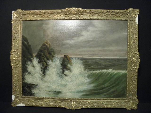 OIL ON CANVAS SEASCAPE SCENE PAINTING: Oil on canvas painting depicting waves breaking upon a rocky coastline. Unsigned, framed in original wood and gilt plaster frame. Condition: minor crackling and discoloration to canvas, losses to fram