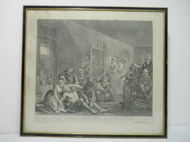 WILLIAM HOGARTH 18TH C ENGRAVING: "THE MADHOUSE": William Hogarth 18th century engraving titled "The Madhouse". Depicts a clinic with various mentally ill patients. Text in lower margin describes the human condition of mental illness, though mostly i