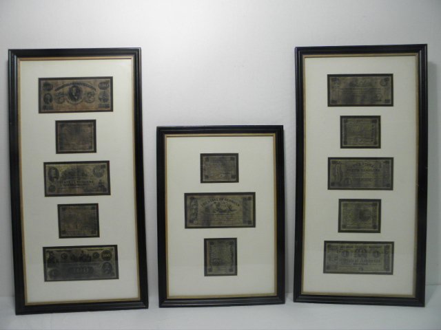 FRAMED EARLY UNITED STATES CURRENCY: CIVIL WAR, ET: Lot of three framed early United States currency displays. Includes two large frames, and one small. The two large frames each hold five various state bills, and the small frame holds three. The first