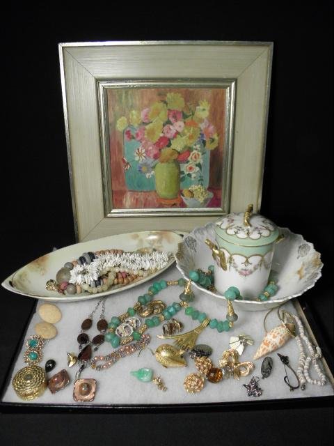ASSORTED LADIES COSTUME JEWELRY & MORE: Tray lot of assorted ladies costume jewelry plus more. Includes: a Delinieres & Co floral porcelain jar, a Bavarian porcelain bowl, a Royal Rudolstadt elongated porcelain dish, a small framed floral p