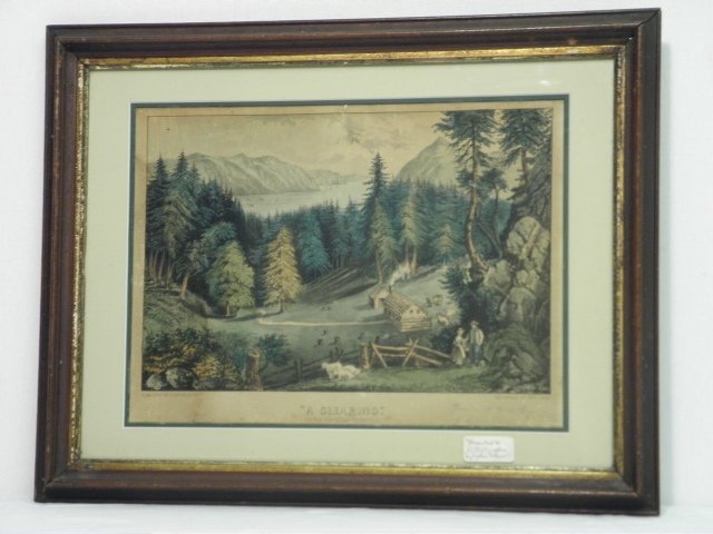CURRIER & IVES HAND COLORED LITHOGRAPH: "A CLEARIN: Currier and Ives hand colored lithograph titled "A Clearing". Framed, double matted, and under glass. Pencil inscription at bottom right reading "Presented to Willie Congdem by Lydia Palmer", and lowe