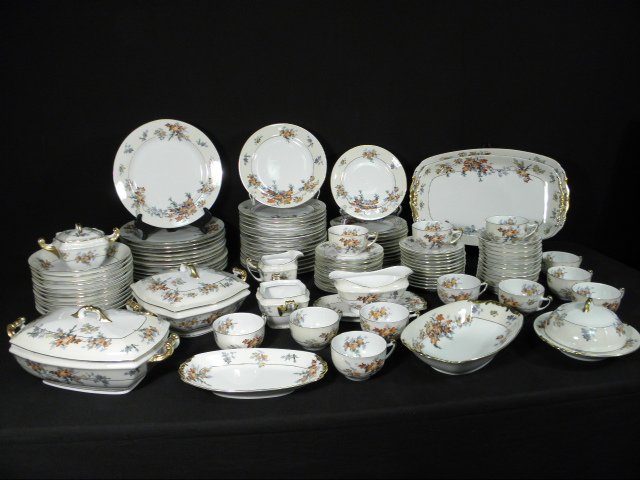 ROYAL EPIAG CZECHOSLOVAKIAN PORCELAIN DINNERWARE: : Royal Epiag Czechoslovakian porcelain dinnerware in the "Silver Maple" pattern. Service for 12, plus extra. Includes 111 total pieces: (12) 7.75" plates, (12) 7.75" soup bowls, (12) 6" bread plates, (