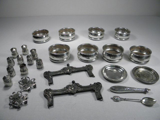 GROUP LOT OF ESTATE SILVER: 14+ TROY OZ: Group lot of assorted estate silver. Some pieces are for silver scrap, others can be used. Includes (8) Gorham sterling silver and wood coasters, (10) sterling mini salt and pepper shakers (one missin