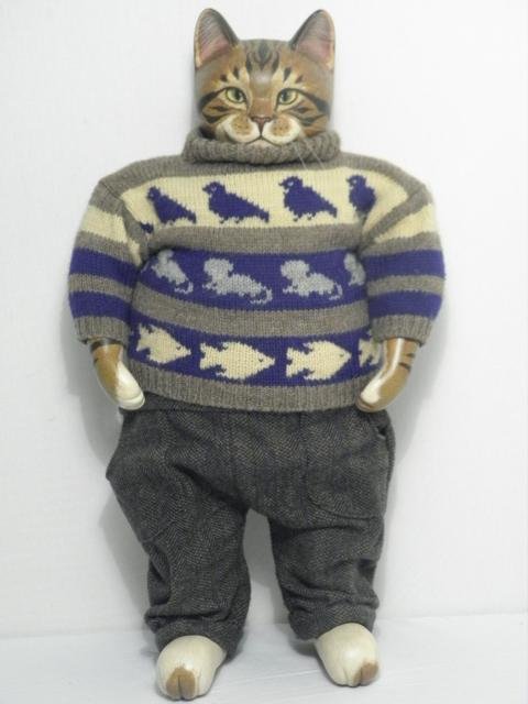 TYBER KATZ "FAT KAT" LIMITED EDITION HANDMADE CAT: Tyber Katz limited edition hand made cat doll. Titled "Fat Kat", numbered "31/50", and dated "1991" on back of neck. Hand carved and painted wood body, outfitted with polyester sweater and trousers. C