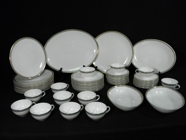 ROYAL DOULTON "ATHENS" PORCELAIN DINNERWARE SERVIC: Royal Doulton porcelain dinnerware service for twelve in the "Athens" pattern. 65 total pieces, Includes (12) 6.15" saucers, (12) 2.25" tall cups, (12) 10.25" plates, (12) 6.25" plates, (12) 8.25" pla