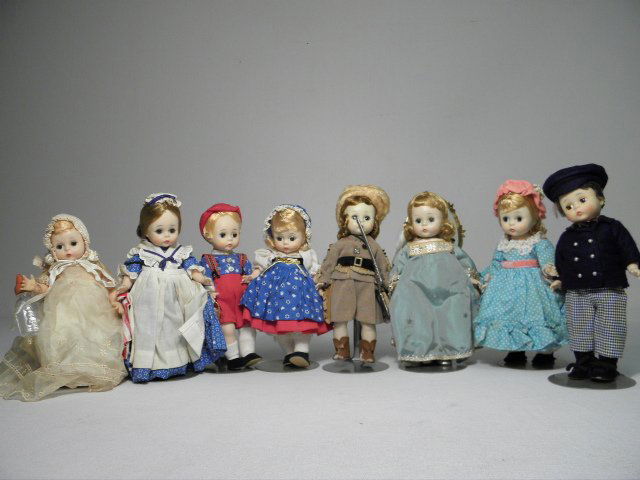 EIGHT MADAME ALEXANDER 8" DOLLS: HANSEL & GRETEL E: Lot of eight vintage Madame Alexander 8" dolls. Includes Hansel & Gretel, Miss Muffet (with original tea cup and saucer), Betsy Ross, Laurie Little-Men, "Little Genius", Davy Crockett, and Guardian An