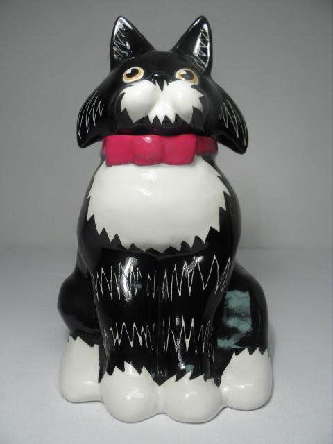 FIGURAL HAND PAINTED CERAMIC CAT COOKIE JAR: Figural hand painted ceramic cat cookie jar. Condition: good, no chips, cracks, or repairs, see images. Measures 13.75" tall x 8.5" wide. Shipping weight 5.4 lbs.