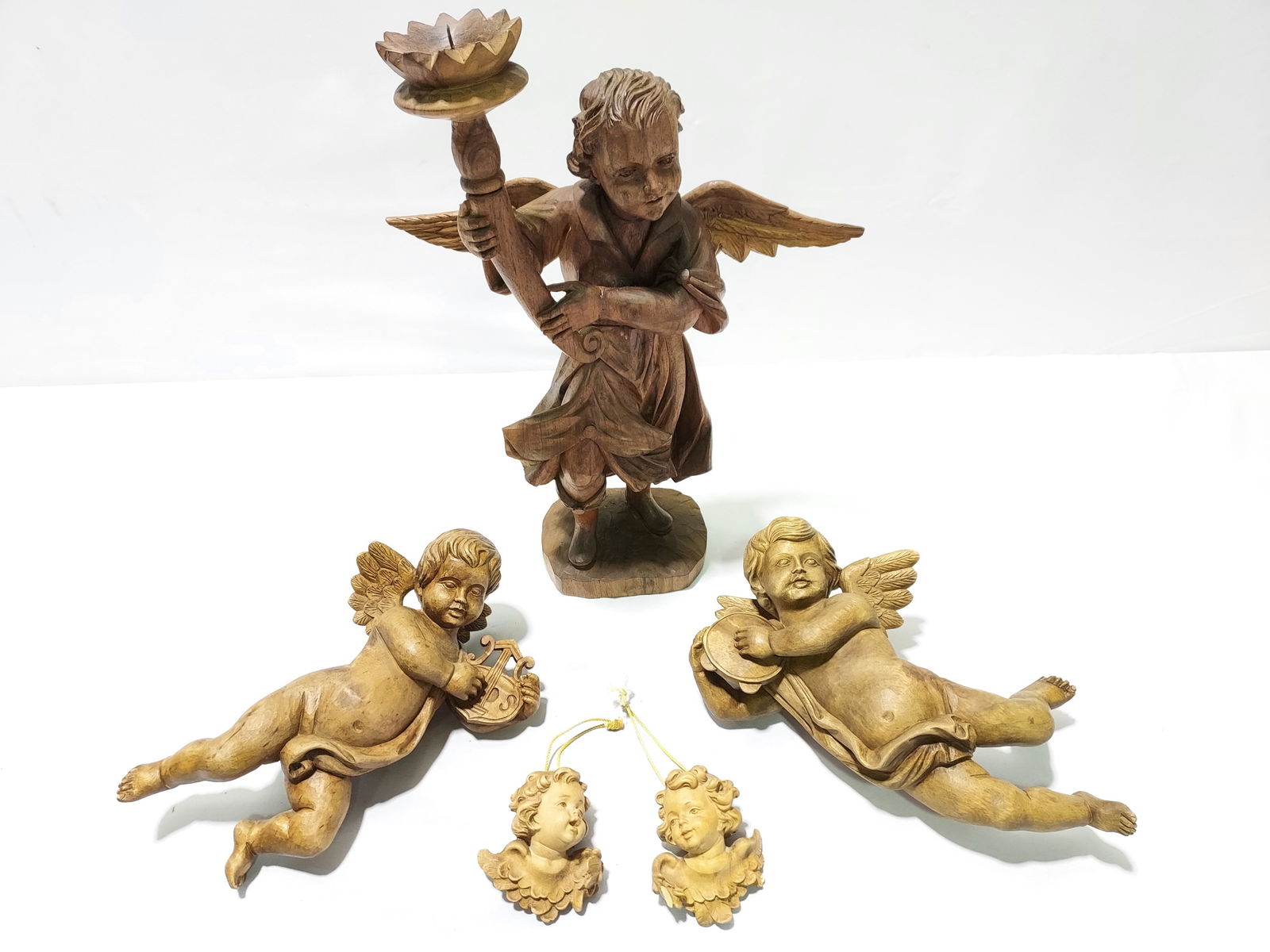 FIVE CARVED WOOD CHERUBS: CANDLEHOLDER ETC. (1 of 20)