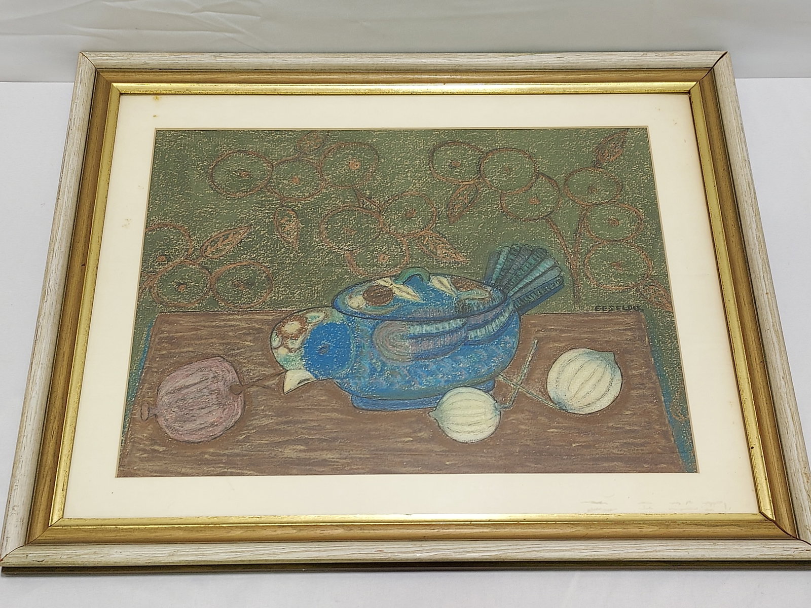 EDWARD SELDIS MIXED MEDIA PAINTING: MEXICAN POTTER: Edward Seldis mixed media painting on paper. Ink and crayon, titled verso: Mexican pottery. Label attached to the backside "From the Collection of Olga Hirshhorn, Naples Museum of Art". Measures (fram