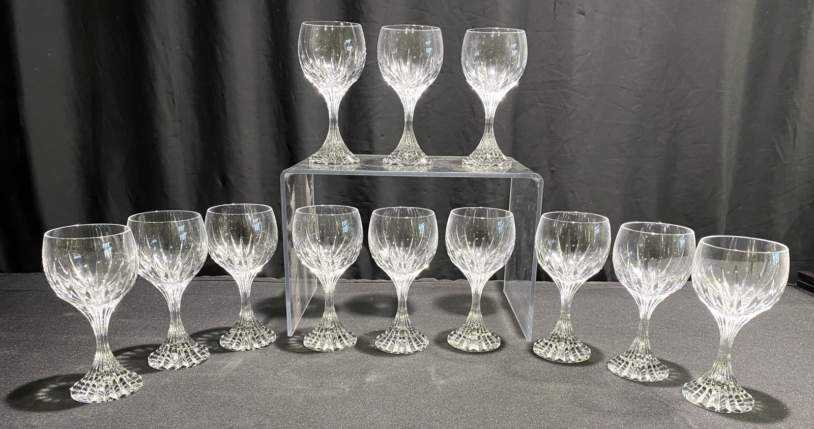 12 BACCARAT MASSENA CLARET WINE STEMS: 12 Baccarat crystal Massena Claret wine stems. Discontinued size. Each measures 6 1/2" x 2 3/4". Condition: good. Shipping weight 9 lbs