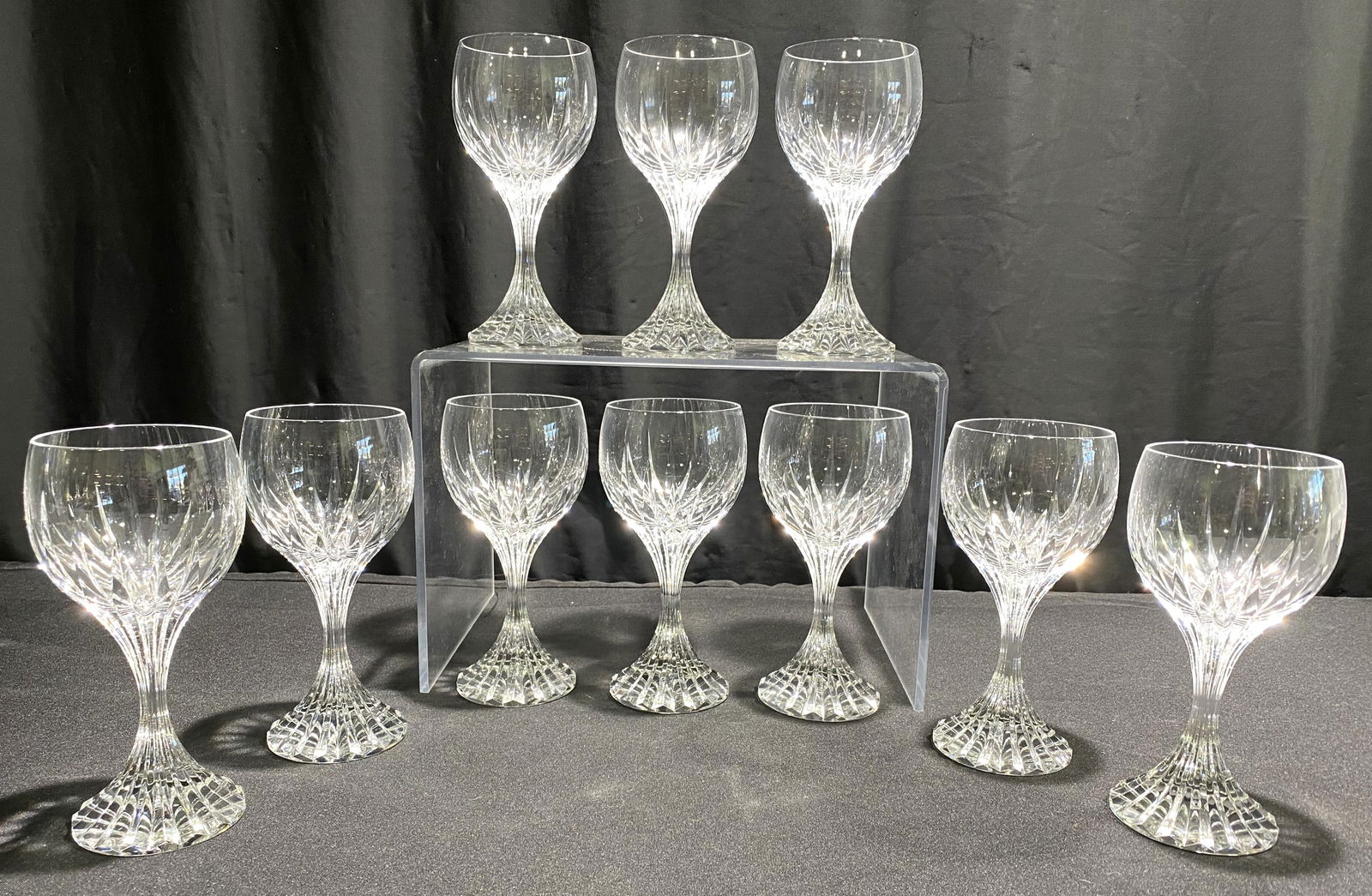 12 BACCARAT CRYSTAL MASSENA 7" WATER /WINE GOBLETS: 12 Baccarat crystal Massena pattern wine or water goblets. Lot includes 12 even though only 10 are shown. Each measures 7" x 3". (Discontinued size) Condition good. Shipping weight 11 bs
