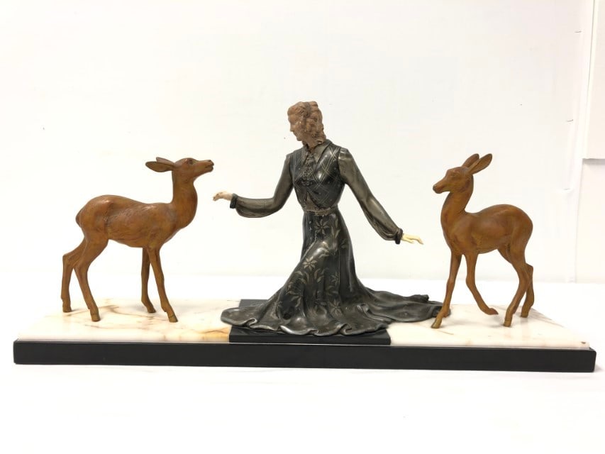 ART DECO WHITE METAL, MARBLE & IVORINE SCULPTURE (1 of 19)