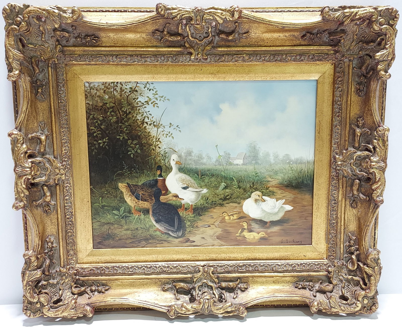 VINTAGE OIL ON PANEL PAINTING: DUCKS IN POND (1 of 8)