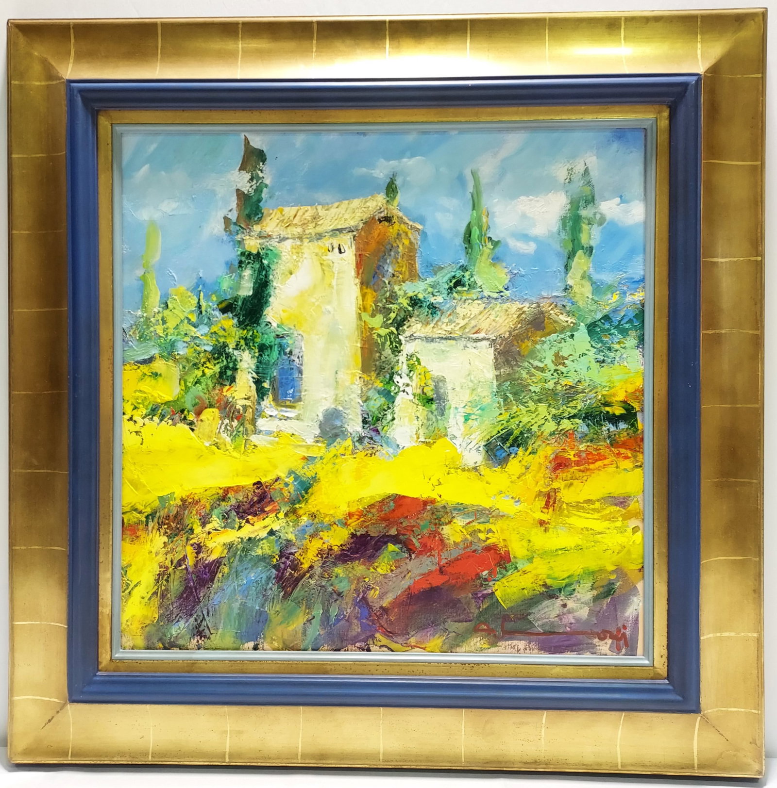 IMPRESSIONIST OIL PAINTING "NATURE EN LIBERTE": Impressionist impasto style oil on canvas painting of a outdoor scene with building, titled "Nature En Liberte". Framed in a gold toned and blue wood frame, illegibly signed by artist LR. Titled en st