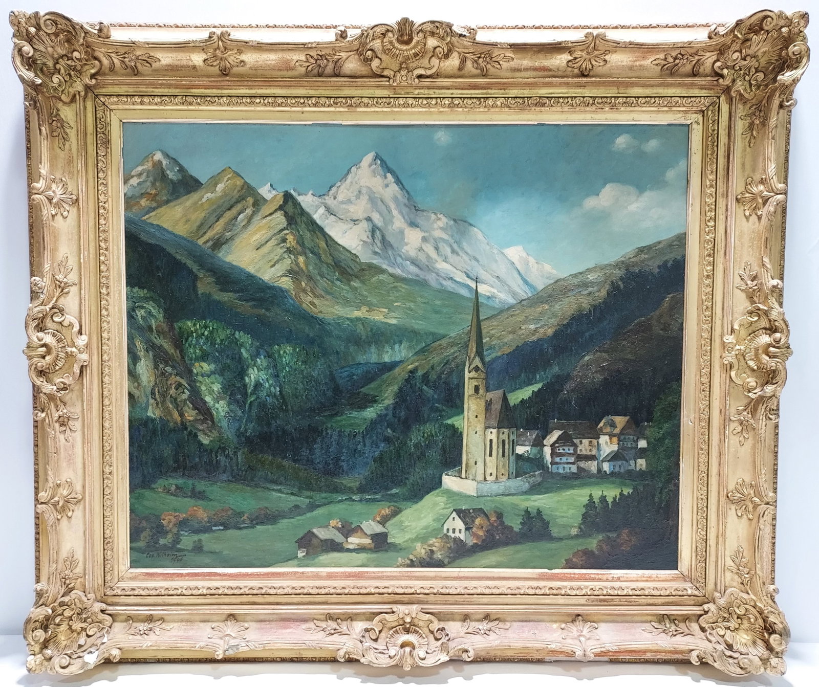 VINTAGE OIL ON BOARD PAINTING: HEILIGENBLUT: Vintage oil on board painting of Heiligenblut. Signed and dated lower left "Cor. Wilhelm 1946". The legendary mountain climber village of Heiligenblut is regarded as probably one of the most beautiful