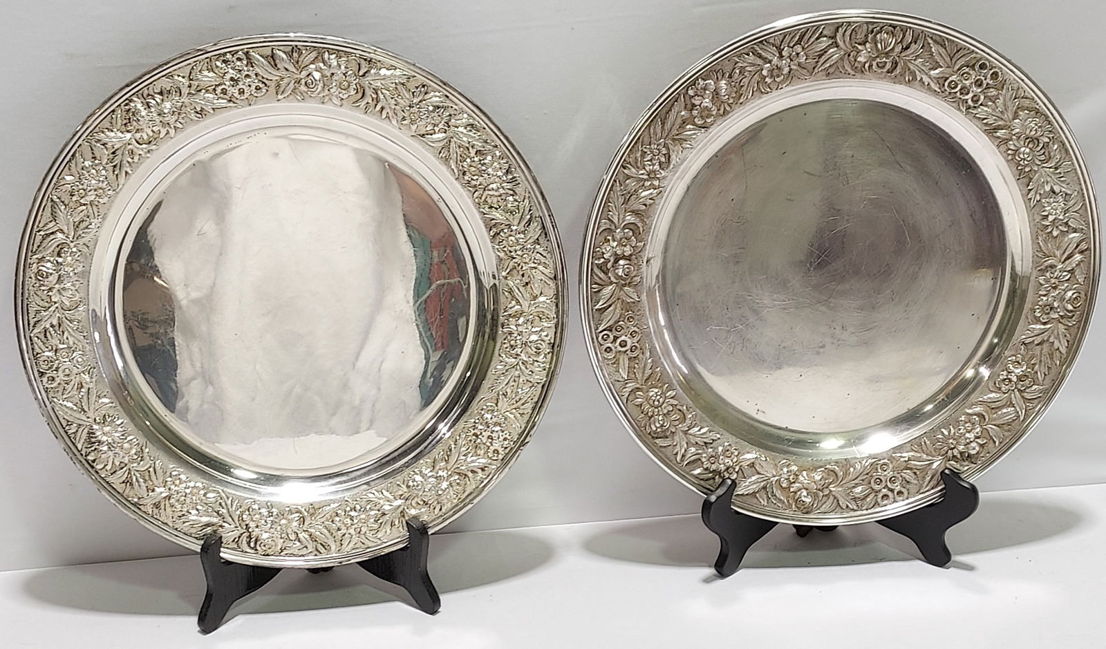 PAIR S KIRK & SONS EMBOSSED STERLING SILVER SALVER (1 of 11)