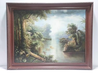 LRG DECORATIVE OIL ON CANVAS PAINTING: JUNGLE LAKE