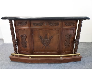 LARGE CHINESE CARVED WOOD & MARBLE TOP BAR