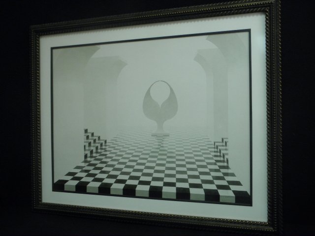 M. MCDONNELL MODERN WATERCOLOR PAINTING ON PAPER: Modern black and white watercolor painting on paper, signed lower right "M McDonnell". Framed, matted, and under glass in a large black and gold tone frame. Condition: good, minor wear to edges of fra
