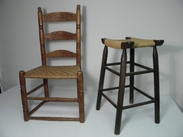 SMALL WOODEN SIDE CHAIR & A RUSH SEAT STOOL: A small wooden side chair and a wooden stool with a rush seat. Side chair is carved with a ladder back and woven cane seat, stool has a dark mahogany finish and woven rush seat. Condition: minor wear