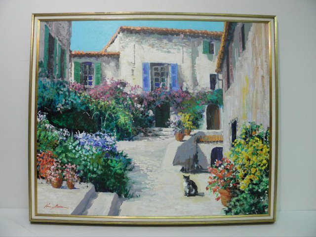 KERRY HALLAM MIXED MEDIA ON CANVAS PAINTING: STREET: Kerry Hallam (American, b.1937), acrylic, oil, and sand on canvas painting depicting a Mediterranean street view with a cat. The streets and adobe buildings are given a realistic touch with a mixture 
