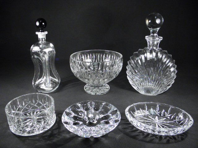 CUT CRYSTAL & GLASS: WATERFORD ROGASKA ETC. 6 PCS: Group lot of assorted cut crystal and glass. Includes a Waterford "Marquis" footed center bowl, a Miller Rogaska candleholder, an unmarked crystal coaster, an unmarked oval dish, an "Armagnac" hand bl