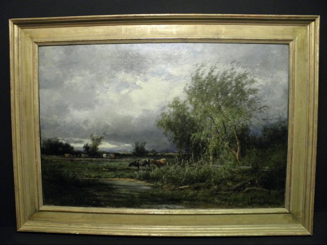 JOSEPH HEKKING OIL ON CANVAS BOARD PAINTING OF A P: Joseph A. Hekking (American, 1830-1903), oil on canvas board painting depicting a cow pasture with an approaching storm in the distance. Signed "JA Hekking" lower left, and framed in a distressed fini