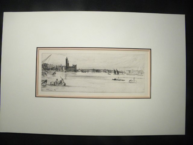 JAMES A. M. WHISTLER ETCHING/DRYPOINT: "OLD WESTMI: James Abbott McNeill Whistler (American, 1834-1903), etching and drypoint titled "Old Westminster Bridge". Circa 1859, signed in the plate lower left "Whistler 1859", Kennedy 39i, First state. Measure