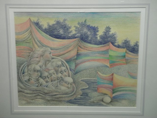GARY PETER SLIPPER FRAMED COLORED PENCIL ON PAPER: Gary Peter Slipper framed colored pencil on paper depicting multiple figures with sheets of flowing rainbow colors. Framed and matted in a creme and gold tone frame, signed "Slipper" lower left. Condi