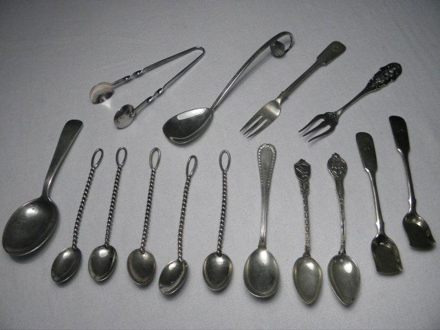 ASSORTED CONTINENTAL SILVER MINIATURE SPOONS: 15 P: Lot of fifteen assorted continental silver spoons and similar tablewares. Includes (5) 3.75" sterling silver demitasse spoons, a 4.25" .800 German silver salt spoon, a "Bremen" .800 silver spoon, (2)