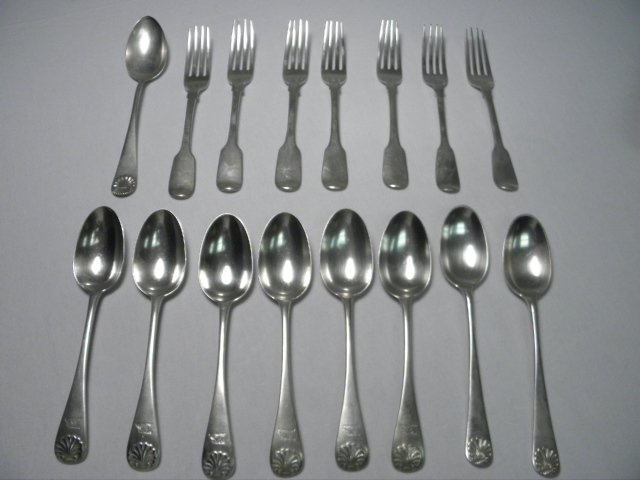 ASSORTED ENGLISH STERLING SILVER FLATWARE: 24 TROY: Lot of sixteen pieces of assorted English sterling silver flatware. Includes (6) 6.75" long table spoons by Chawner & Co (George William Adams, spoons engraved), (5) 6.75" forks (unknown maker, monogr