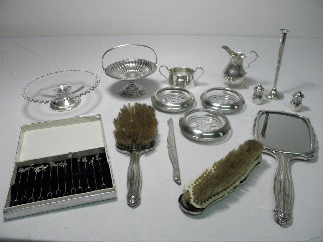 ASSORTED STERLING SILVER: CREAMER, COASTERS, VASE,: Lot of assorted sterling silver pieces. Includes a glass compote with a beaded rim and a Crown sterling silver weighted base, a weighted sterling bon bon basket, an 800 silver clad brush/comb/hairbrus