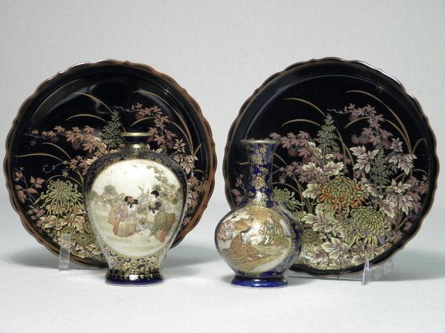 JAPANESE SATSUMA WARE CABINET BOTTLE AND VASE, ETC: Early Japanese Satsuma ware pottery cabinet bottle and vase. Both are elaborately painted and gilt with figural scenes and florals. Ivory colored ground, with a heavy cobalt glaze. The bottle is signe